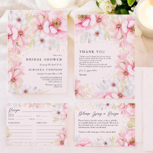 Elegante rosa Wasserfarbe Gold Floral Brautparty Dankeskarte
