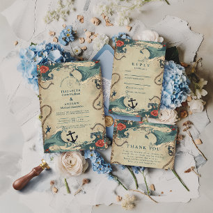 Vintage-Nautische Hochzeit mit Wellen & Seil Einladung