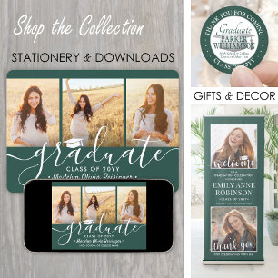 4 Foto Collage Green and White Graduation Party Einladung