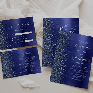 Navy Blau Gebürstete Metall-Glitter-Schrift Hochze Einladung
