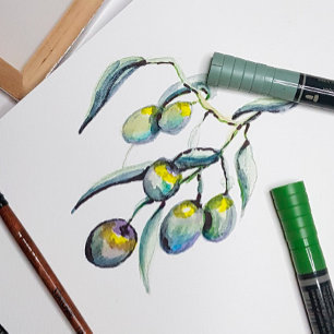 Zauberolive Branch Watercolor Handgemalt Einladung