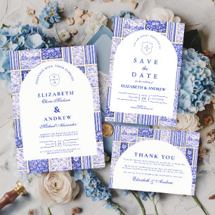 Blaue Weiß gepatchworkte Toile-Hochzeit Einladung