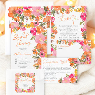 Bold Boho Watercolor Orange Pink Floral Bridal Einladung