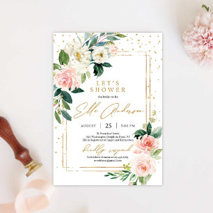 Boho blush rosa Blütengoldrahmen aufsteigen und gl Einladung