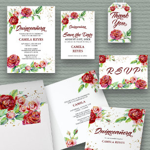 Vintage Rote Rosen Quinceanera Save The Date