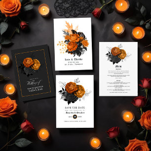 Elegante Orange- und Black Gothic-Hochzeit Menükarte