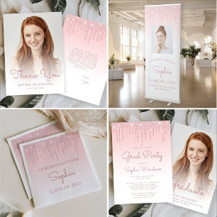 2026 Foto Blush Rosa Glitter-Tropfen Abschlussfeie Dankeskarte
