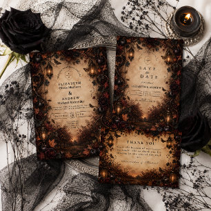 Verzauberte gothische Hochzeit im Herbst Save The Date