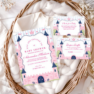 Süßes Rosa Prinzessinnen-Schloss-Baby-Shower Einladung