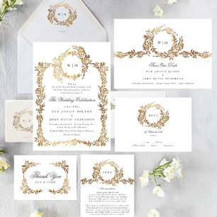 Monogramm   Gold Wreath Classic Elegant Wedding RSVP Karte