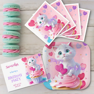Girl Niedlich White Kitten und Cupcake Geburtstags Einladung