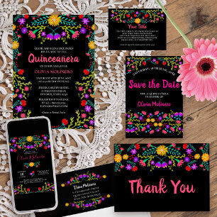 Quinceanera Mexican Fiesta Floral Black Birthday Einladung