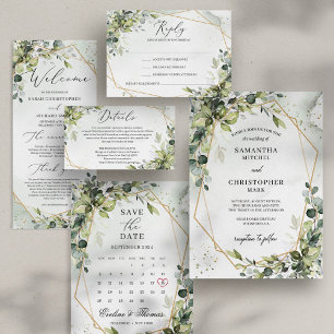 Boho grüne Blattwerk Gold Hochzeit steigt und glän Einladung