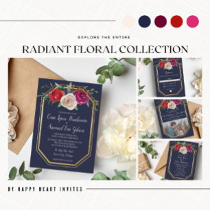 Radiant Floral Navy Blue Burgundy Red Wedding Einladung