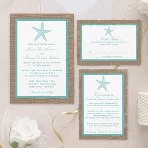 Turquoise Starfish Burlap Beach Wedding Collection Einladung