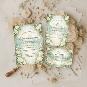 Grüne Florale Goldene Garten Quinceañera Save The Date