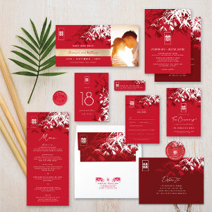 Red White Bamboo Blätter Double Xi Chinese Wedding Einladung