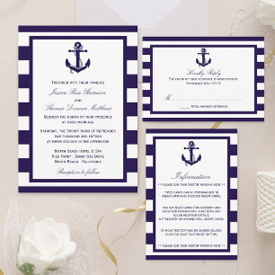 Nautic Anchor Navy Stripe Hochzeit Real Folieneinladung