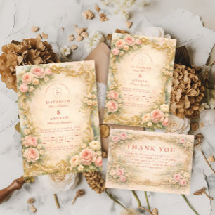 Barocke Florale Hochzeit in Roségold RSVP Karte