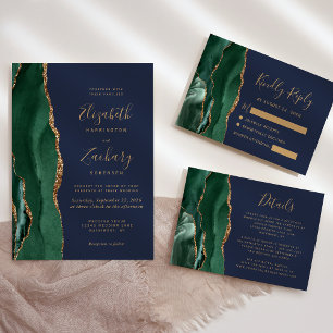 Emerald Green Gold Agate Navy Blue Wedding Details Begleitkarte