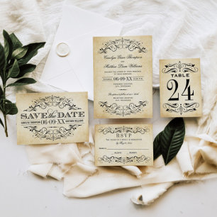 Vintage Rustic Black Flourish Parchment Wedding RSVP Karte