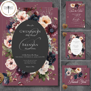 Dunkle Moody Burgundy Oval Floral Frame Wedding Ge Save The Date