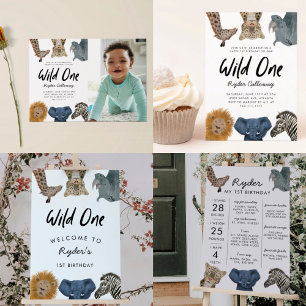 Wild One Safari Girl's First Birthday Party Foto Einladung
