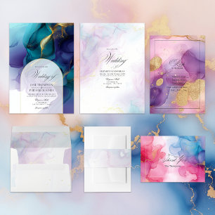 Weich Pastel Blau und Gold Alkohol Tinte Hochzeit Einladung
