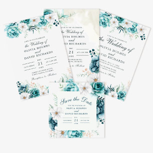 Boho Off-White Aquamarine Wildblumen Hochzeit Einl Einladung