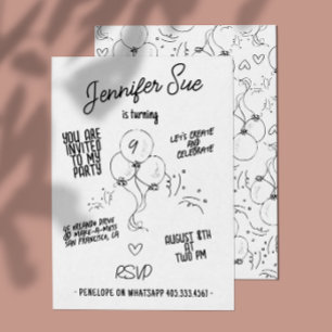 Retro Names Doodle Moderner Ballon Geburtstag Einladung