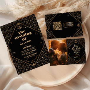 Schwarzes Gold Elegante Geometrische Art Deco Einladung