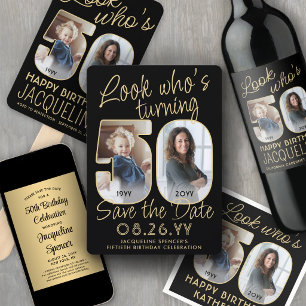 Schau wer 50 ist Schwarz & Gold 2 Foto Geburtstags Banner