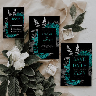 Elegant Moody Dark Floral Aquamarin Silver Wedding Einladung