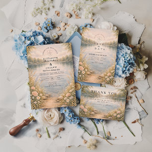 Romantische See-Wildblumen-Wald-Hochzeit Save The Date
