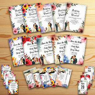 Wasserfarbene Blumenbrille und Groom Sommerhochzei Einladung