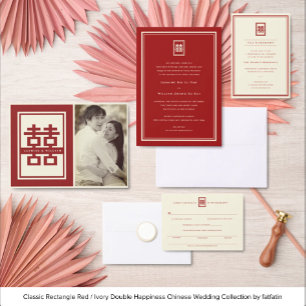 Classic Rectangle Double Happiness Chinese Wedding Menükarte
