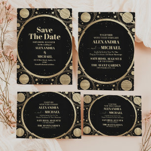 Celestial Black Gold Crescent Moon Wedding Save The Date