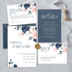 Navy Blue und Blush Pink Blues Bouquet Wedding RS RSVP Karte