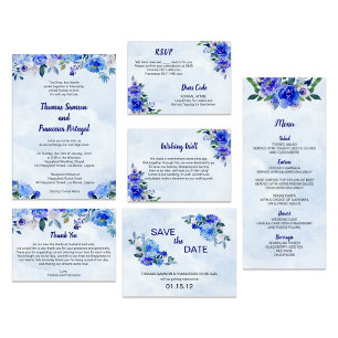 Royal Blue Watercolor Floral Wedding Einladung