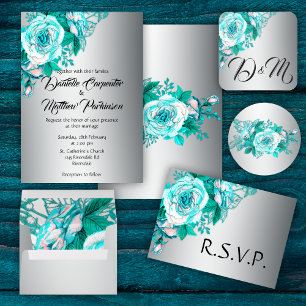 Aqua Roses and Silver Wedding Einladung