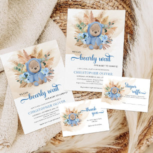 Boy Teddy Bär Pampas Gras blauen Blumen Grünpflanz Einladung