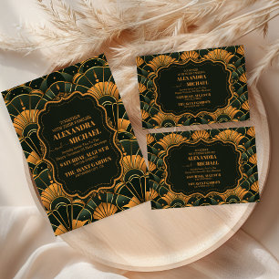 Foto Art Deco Hochzeit Diamant Gold und Grün Dankeskarte