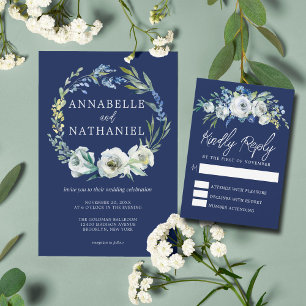 Blaue Blütenblütenblüte Elegant Winterhochzeit RSVP Karte