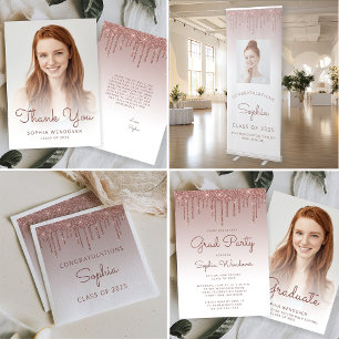 2026 Foto Roségold Glitter-Tropfen Abschlussfeier Dankeskarte