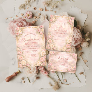 Sanfte Rosengarten-Quinceañera in Blush-Tönen Einladung