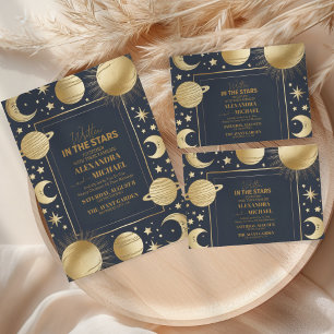Foto Celestial Navy Gold Crescent Moon Hochzeit Dankeskarte