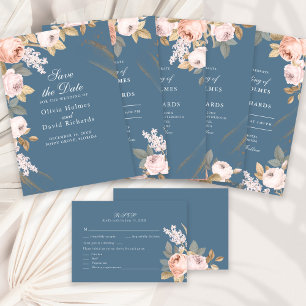 Boho Elemental Blue Peonies Wedding Einladung