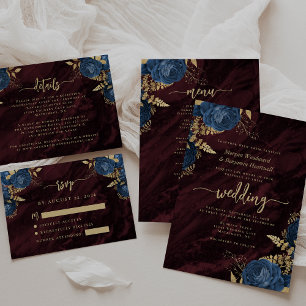 Elegante Navy Blau Gold Blumen Burgund Hochzeit Einladung