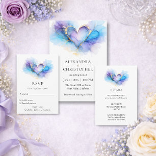 Blaue lila goldene abstrakte Herz Hochzeitseinladu Einladung
