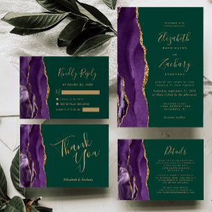 Moderne Lila goldene Agate Emerald Green Wedding Einladung